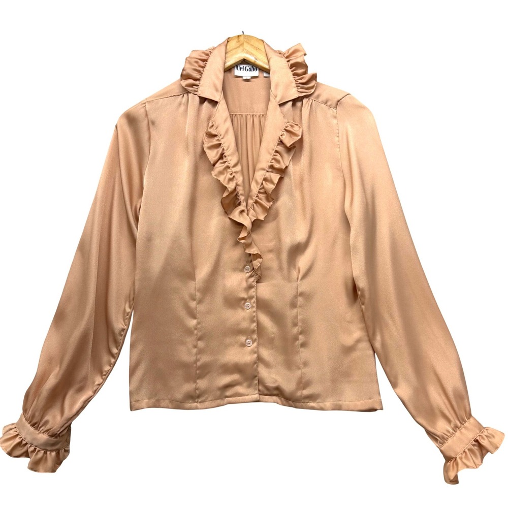 Peach Satin Ruffle V-Neck Blouse Long Sleeve Vintage Size 4 Soft Girl Victorian